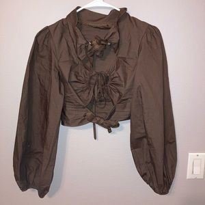 Strappy brown flounce/poof sleeve crop top
